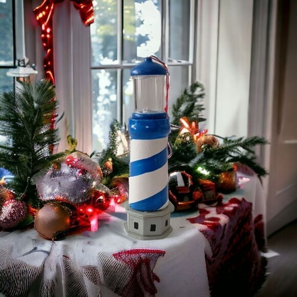 Wooden Lighthouse Christmas Ornament Blue White Midwest Cannon Falls Coastal - Picture 14 of 16